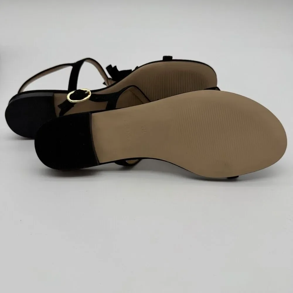 Vintage Talbots Size 7 Black Floral Suede‎ Sandals Flat Summer Prom Shoes NIB